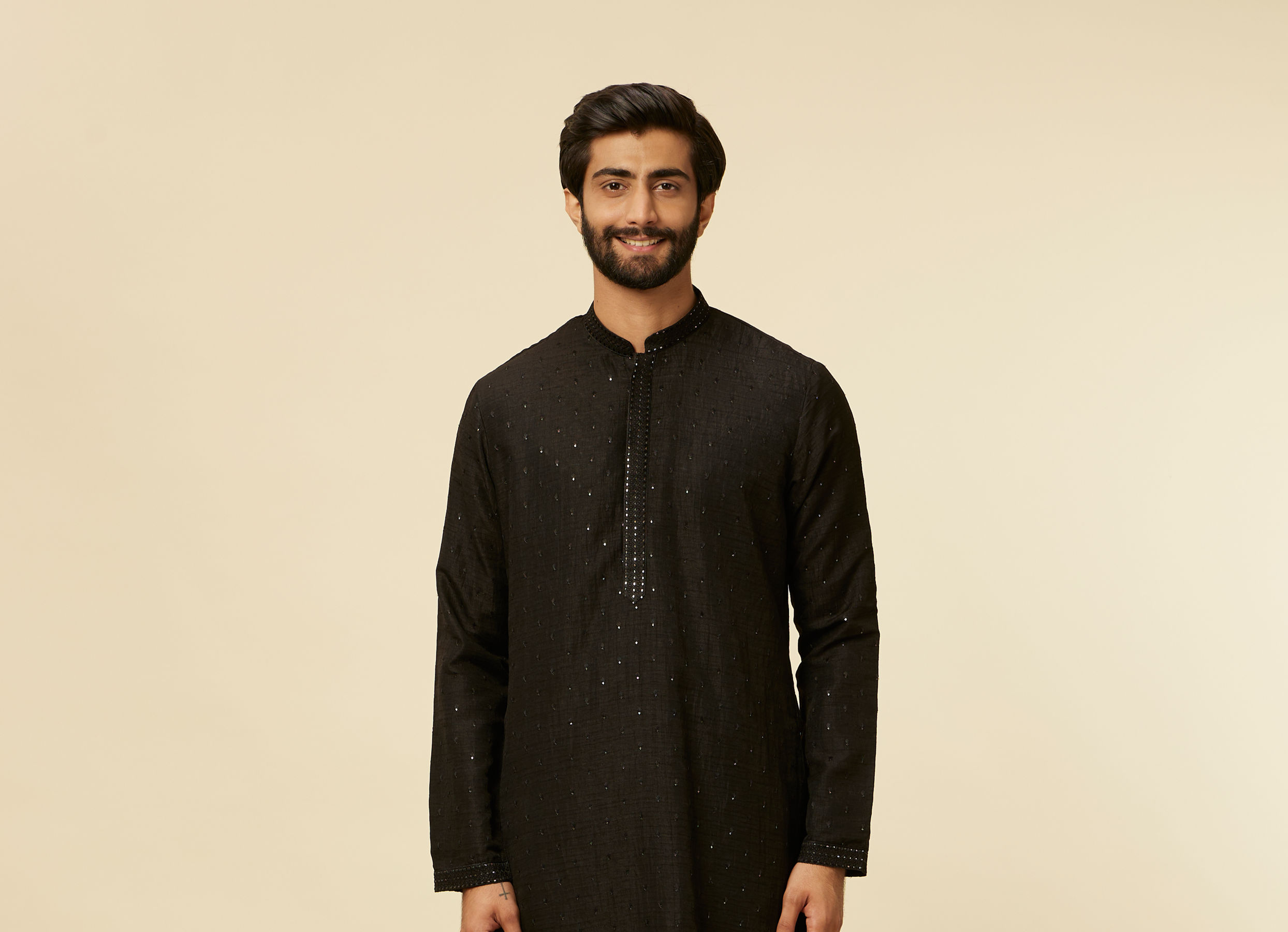 Twamev Men Classic Black Sequinned Kurta Jacket Set