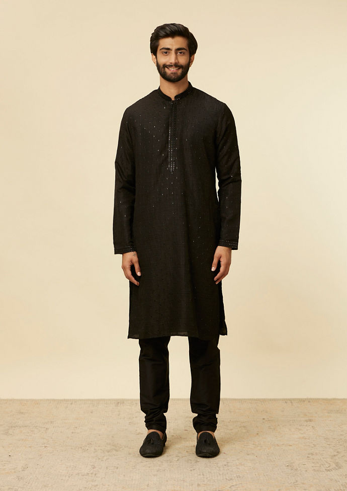 Twamev Men Classic Black Sequinned Kurta Jacket Set