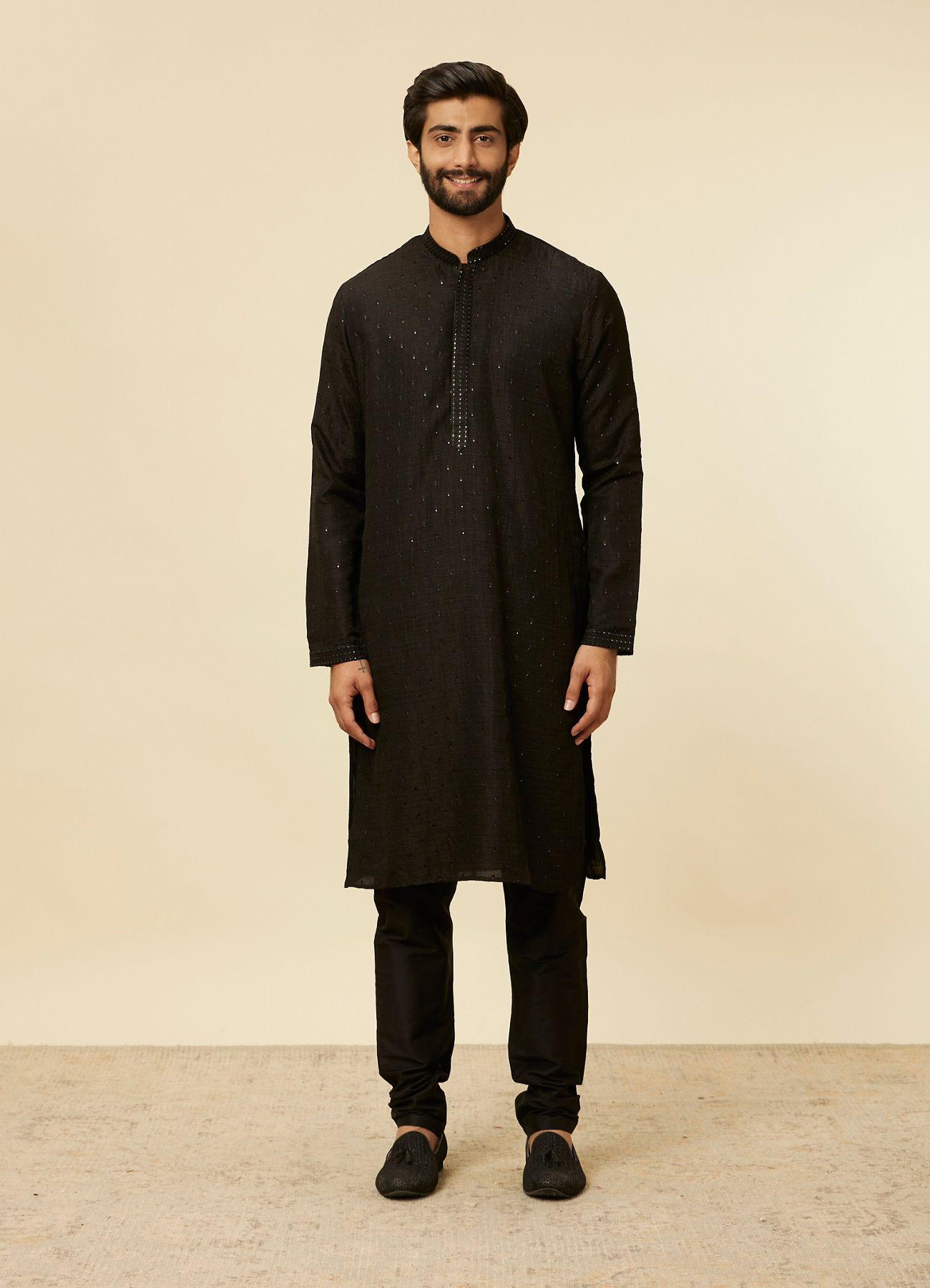 Twamev Men Classic Black Sequinned Kurta Jacket Set