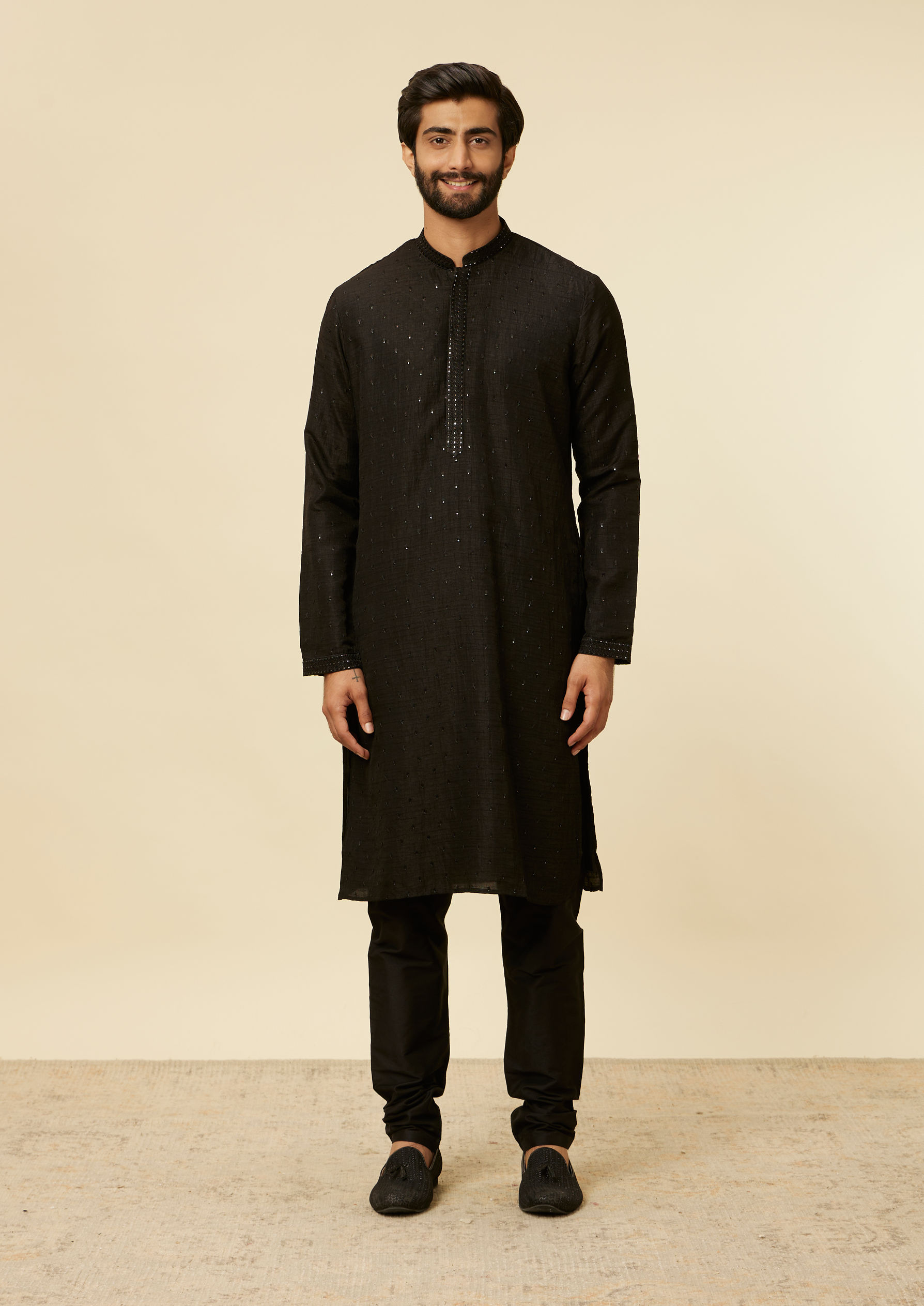 Twamev Men Classic Black Sequinned Kurta Jacket Set