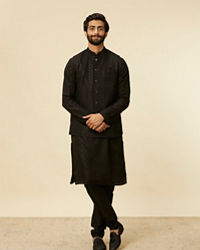 Twamev Men Classic Black Sequinned Kurta Jacket Set