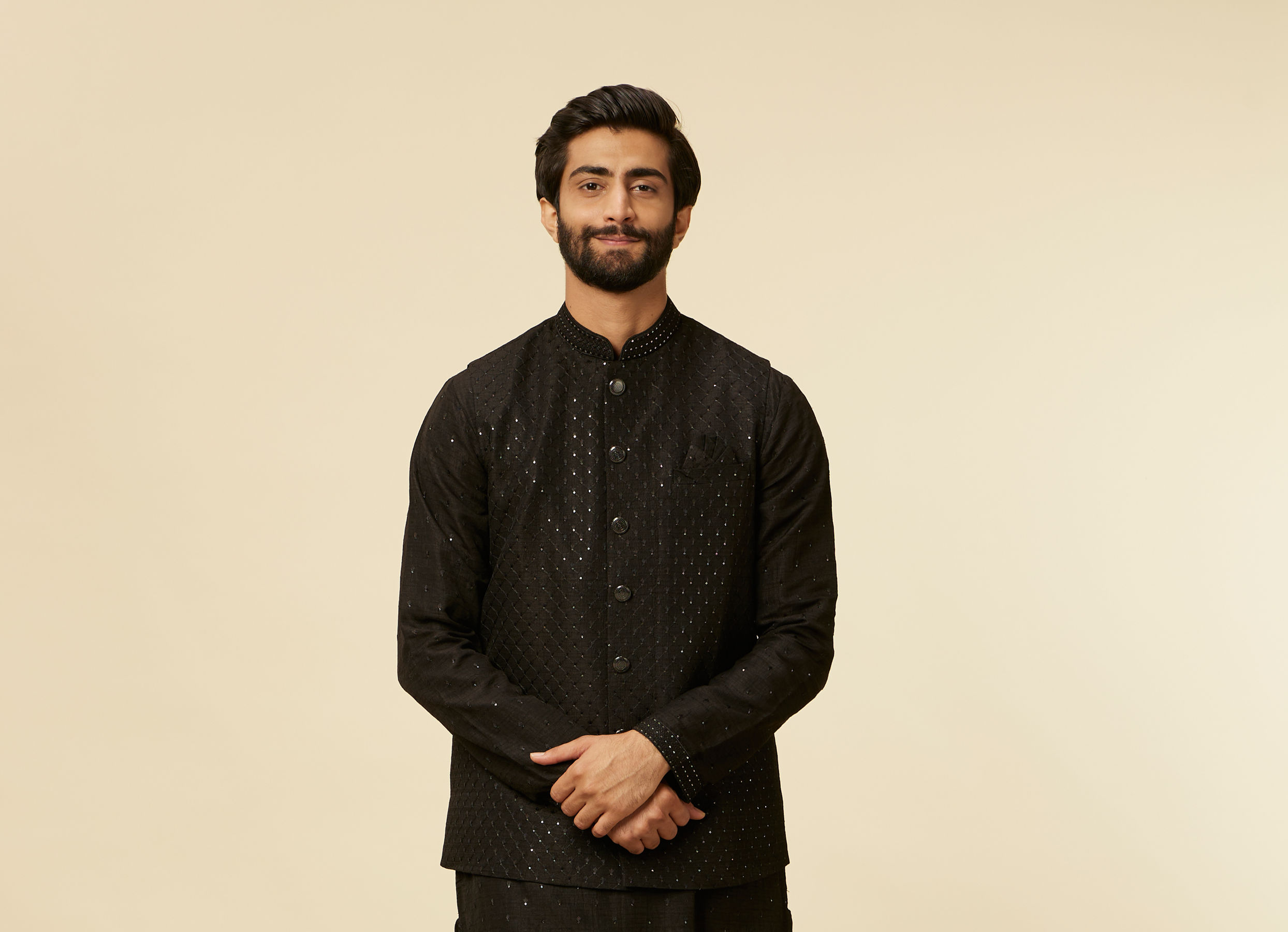 Twamev Men Classic Black Sequinned Kurta Jacket Set