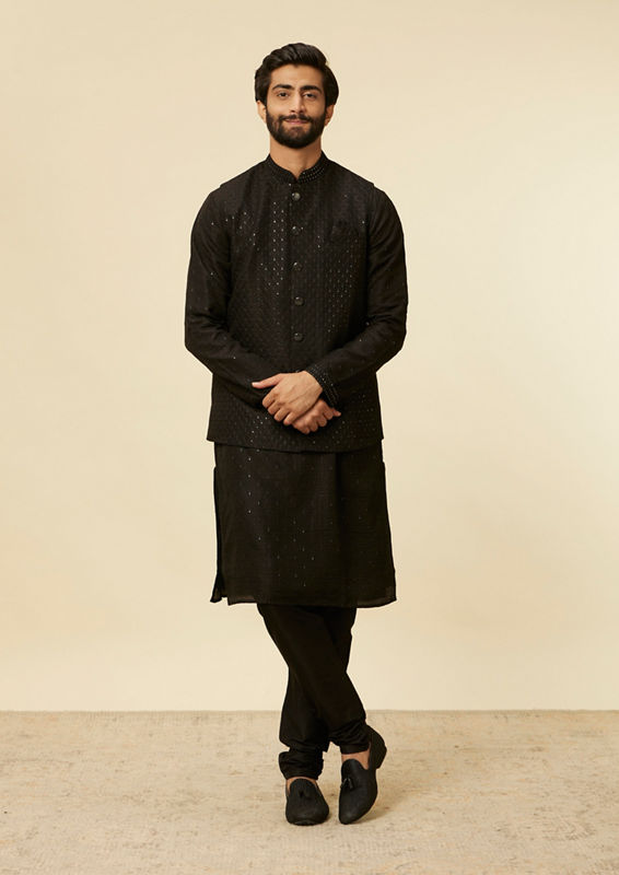 Twamev Men Classic Black Sequinned Kurta Jacket Set
