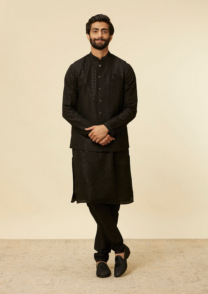 Twamev Men Classic Black Sequinned Kurta Jacket Set