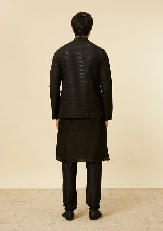 Twamev Men Classic Black Sequinned Kurta Jacket Set