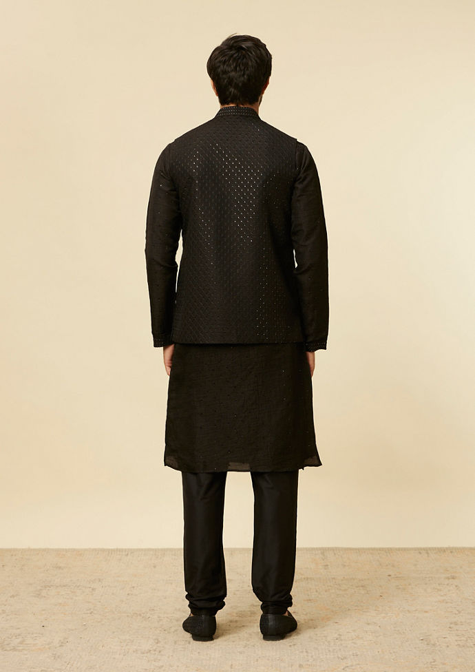 Twamev Men Classic Black Sequinned Kurta Jacket Set