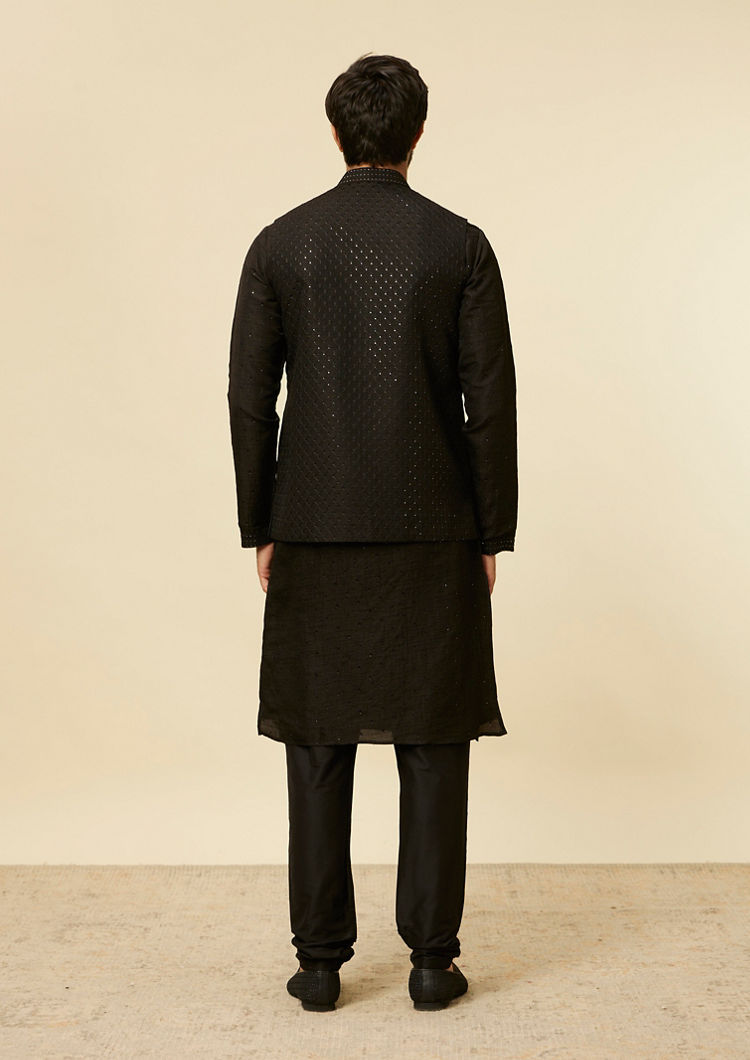 Twamev Men Classic Black Sequinned Kurta Jacket Set