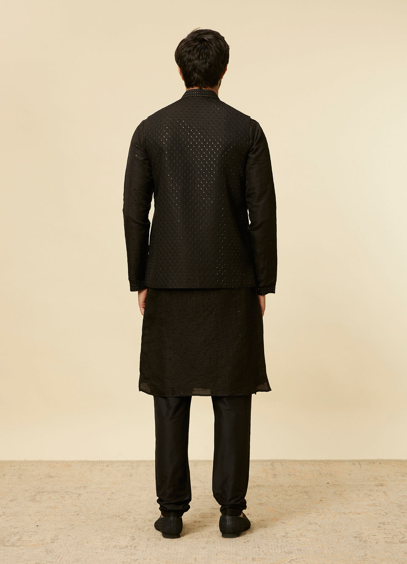 Twamev Men Classic Black Sequinned Kurta Jacket Set