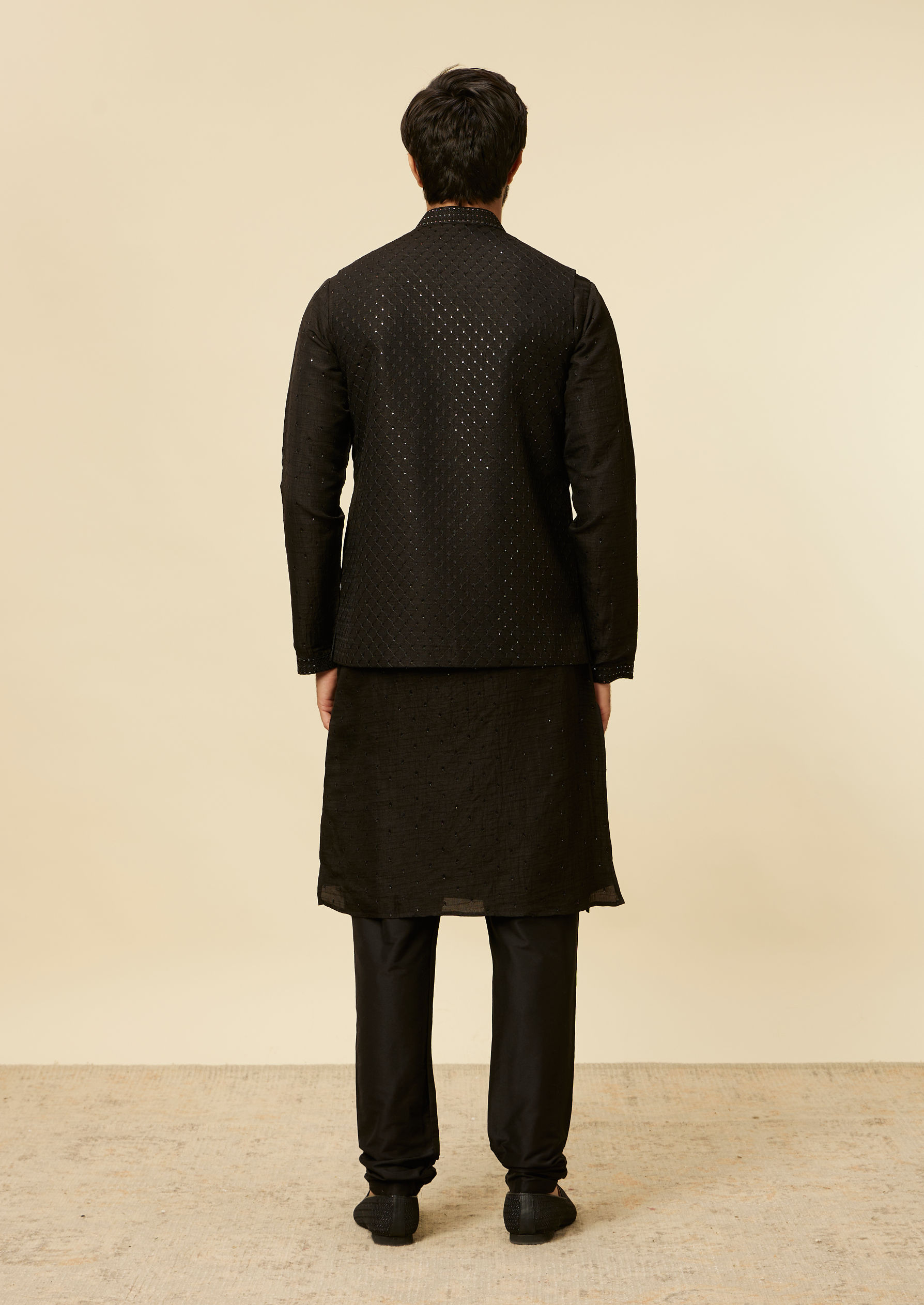 Twamev Men Classic Black Sequinned Kurta Jacket Set