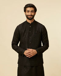 Twamev Men Classic Black Sequinned Kurta Jacket Set