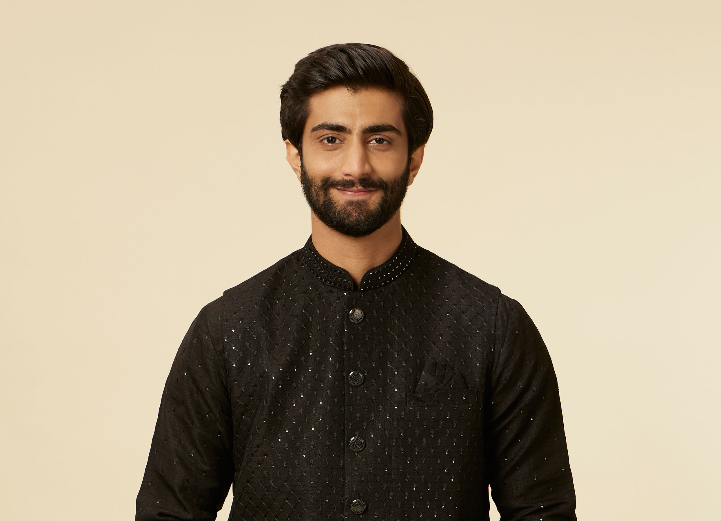 Twamev Men Classic Black Sequinned Kurta Jacket Set