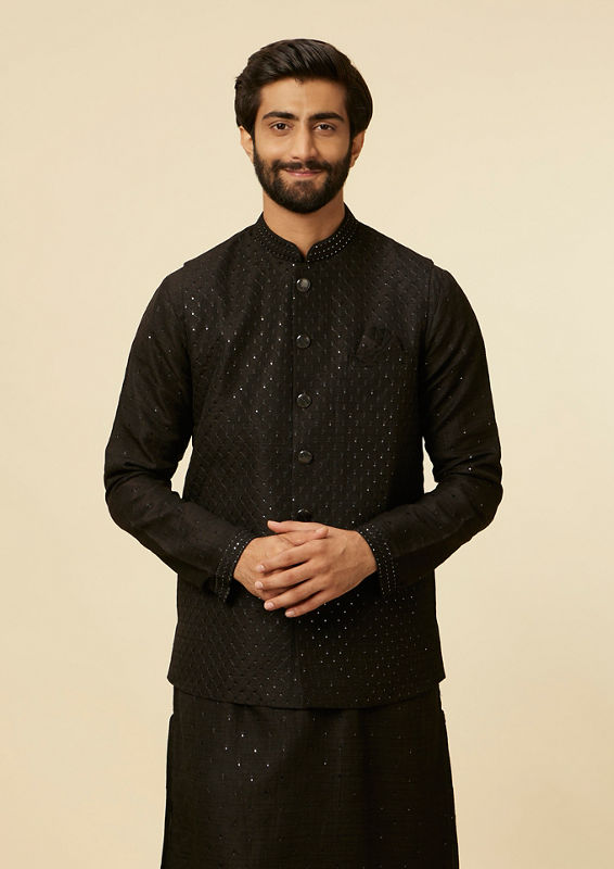 Twamev Men Classic Black Sequinned Kurta Jacket Set