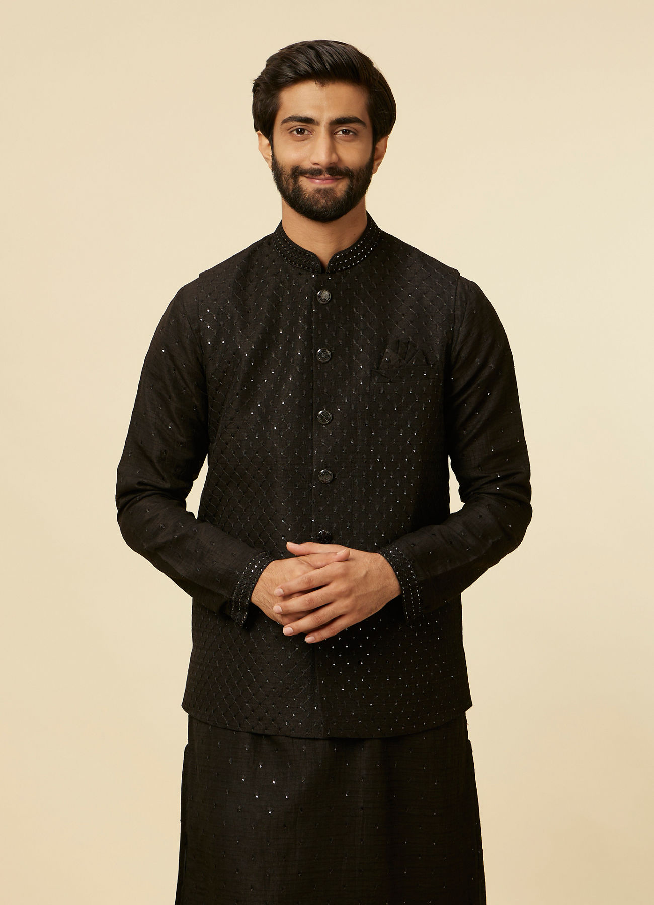Twamev Men Classic Black Sequinned Kurta Jacket Set