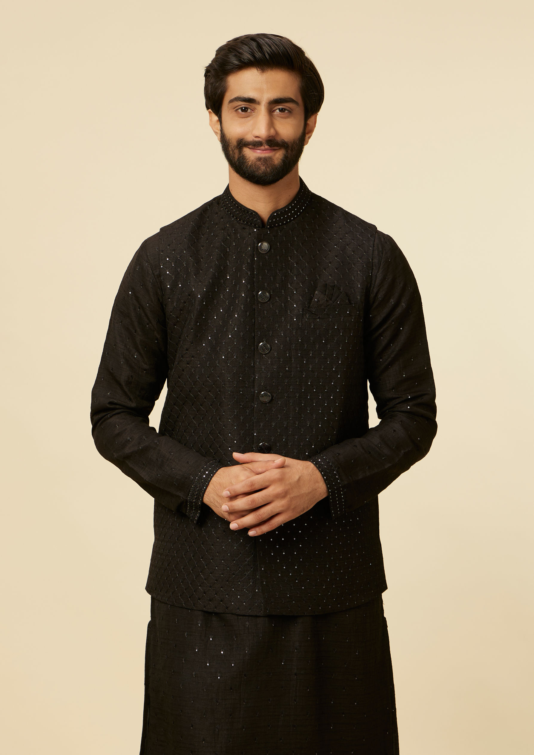 Twamev Men Classic Black Sequinned Kurta Jacket Set