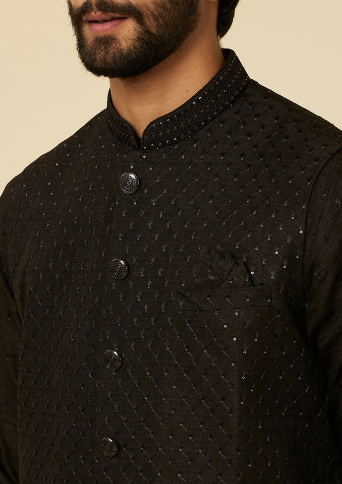 Twamev Men Classic Black Sequinned Kurta Jacket Set
