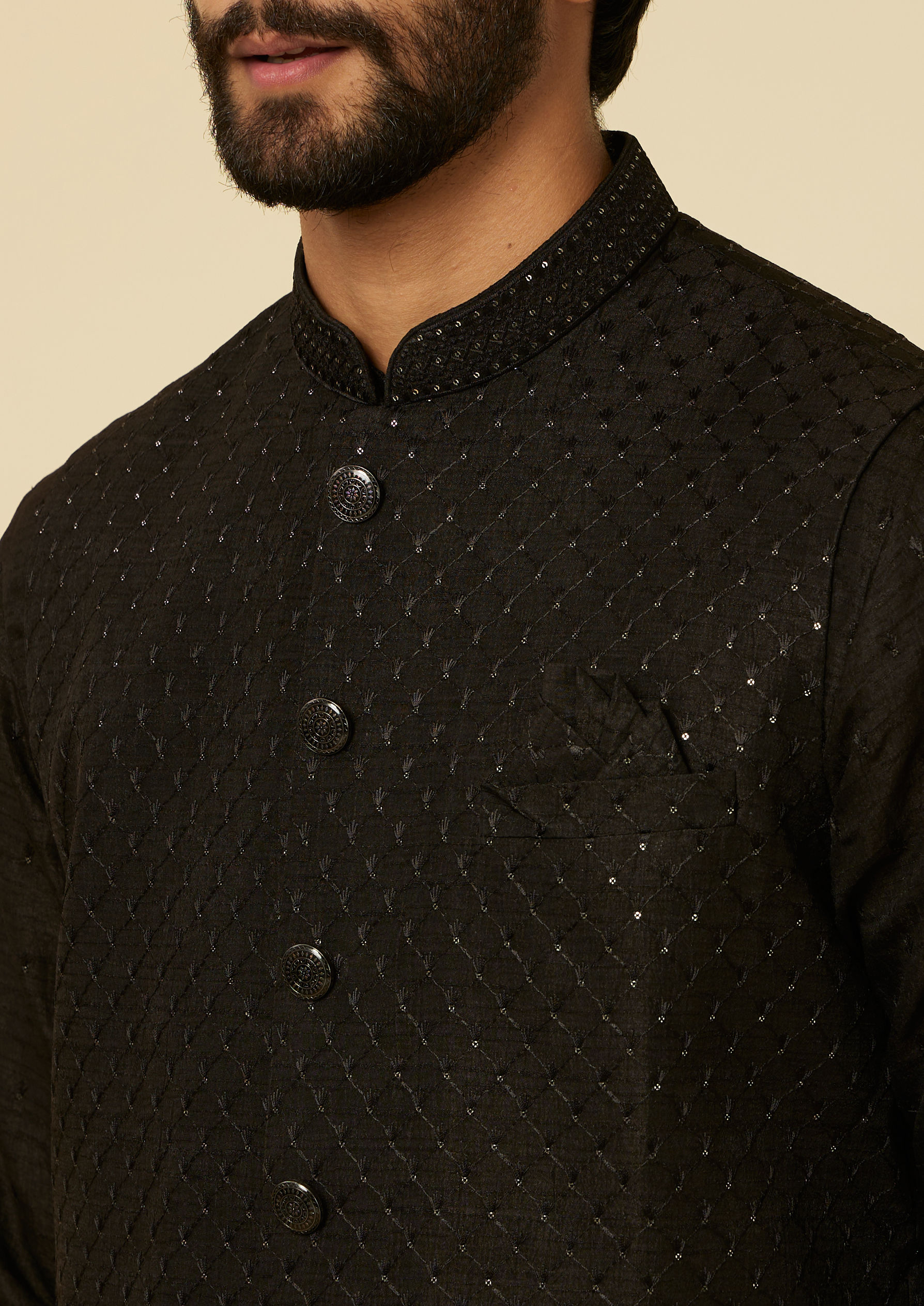 Twamev Men Classic Black Sequinned Kurta Jacket Set