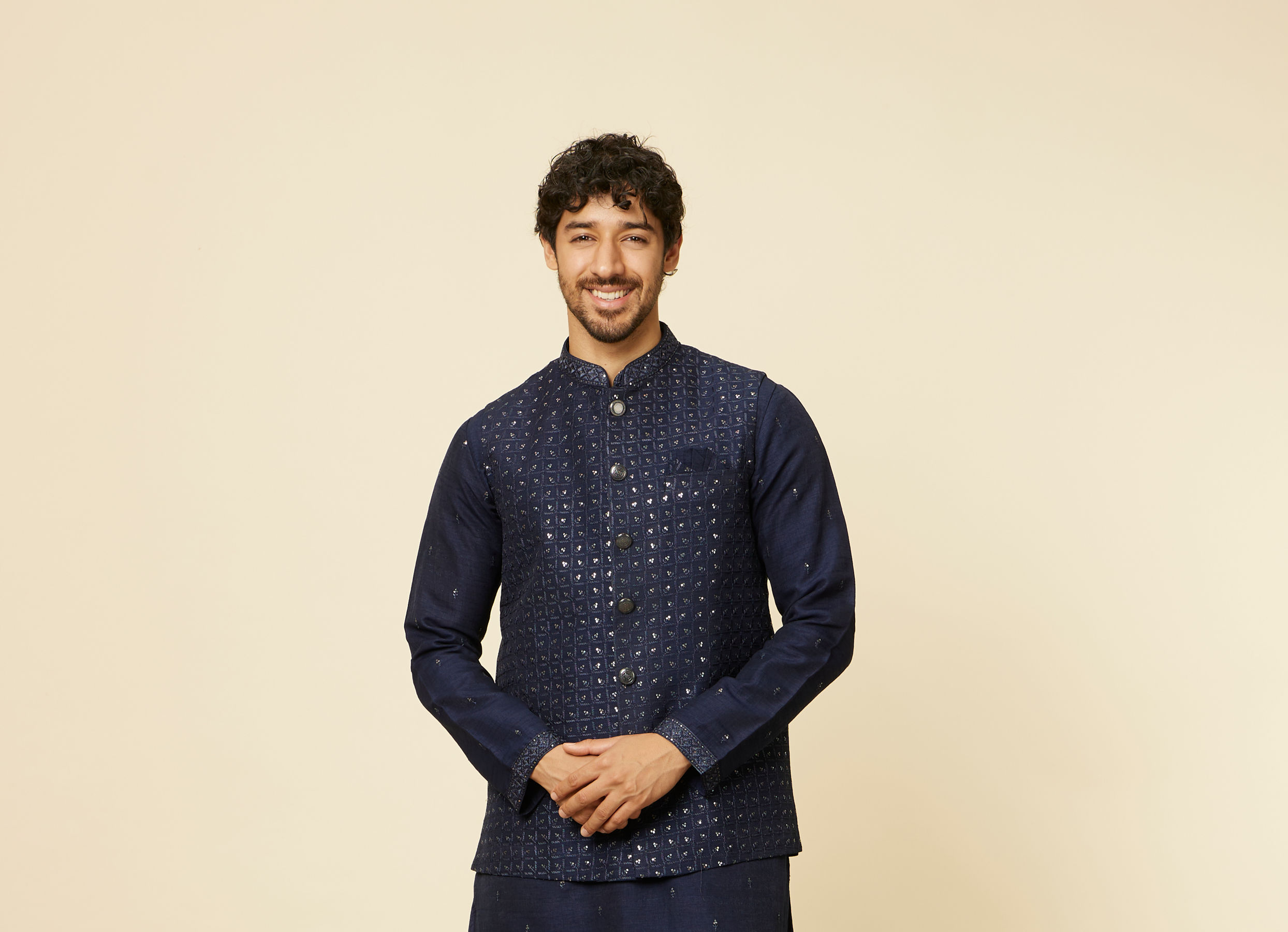 Twamev Men Blue Art Silk Sequin Work Jacket Set