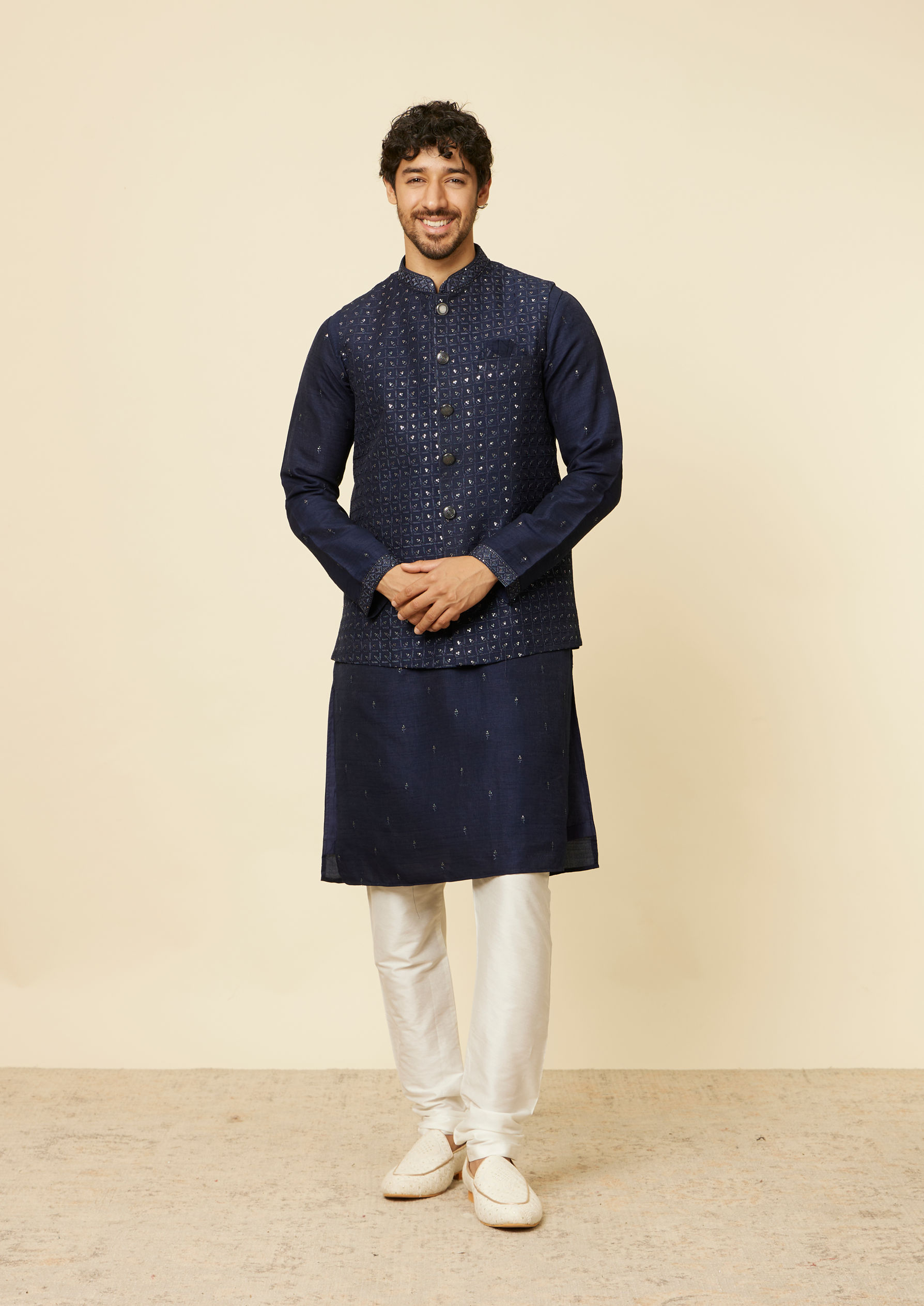 Twamev Men Blue Art Silk Sequin Work Jacket Set
