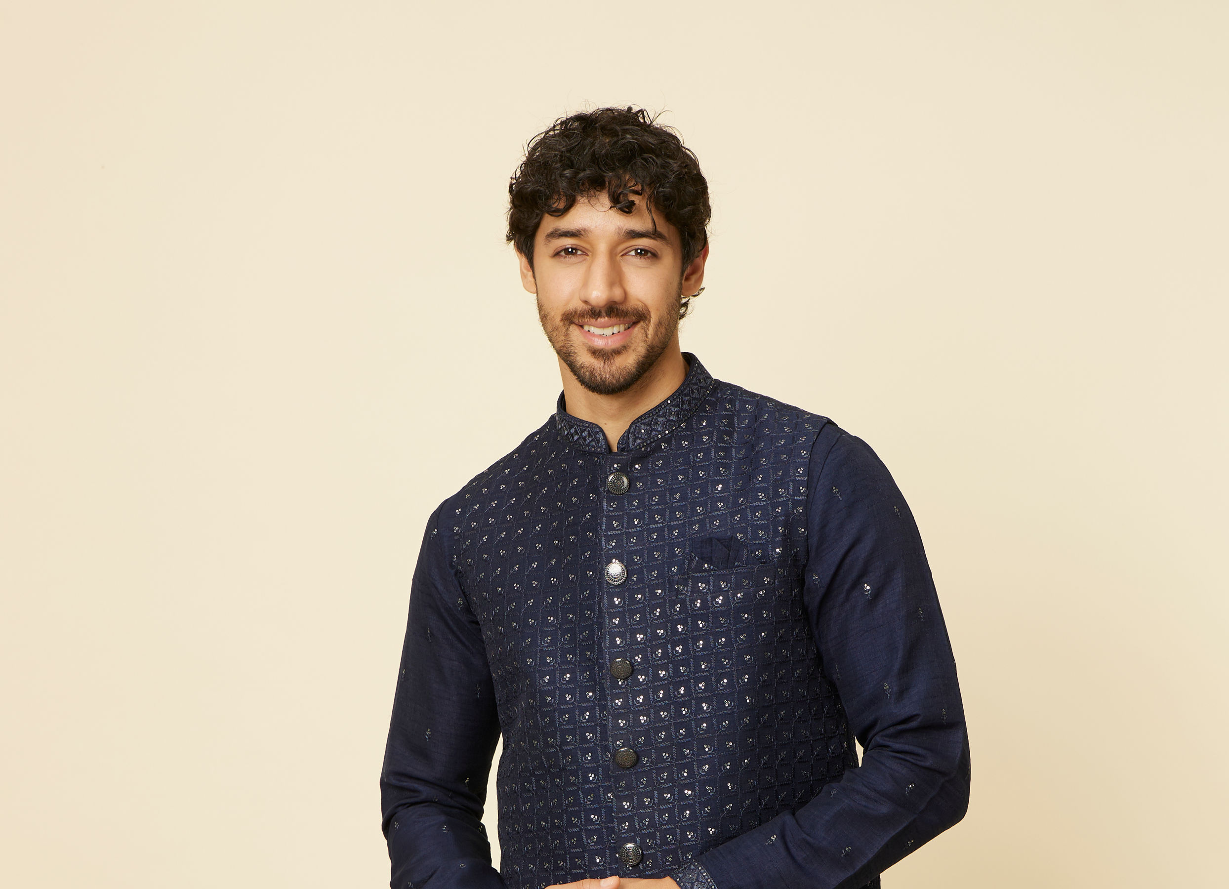 Twamev Men Blue Art Silk Sequin Work Jacket Set