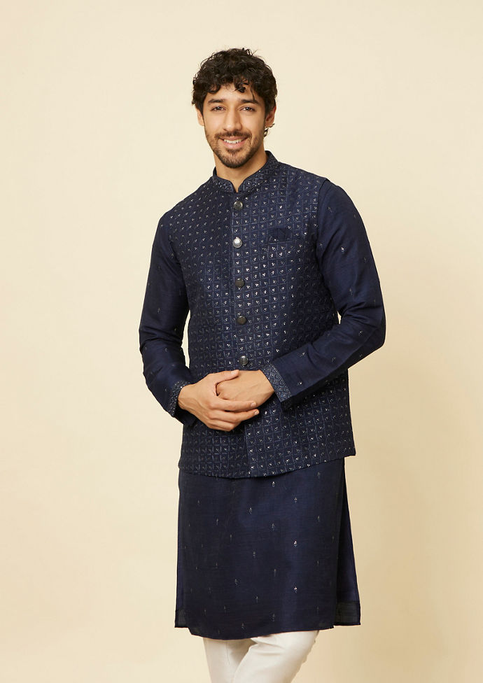 Twamev Men Navy Blue Silk Buta Sequin Embroidered Jacket Set