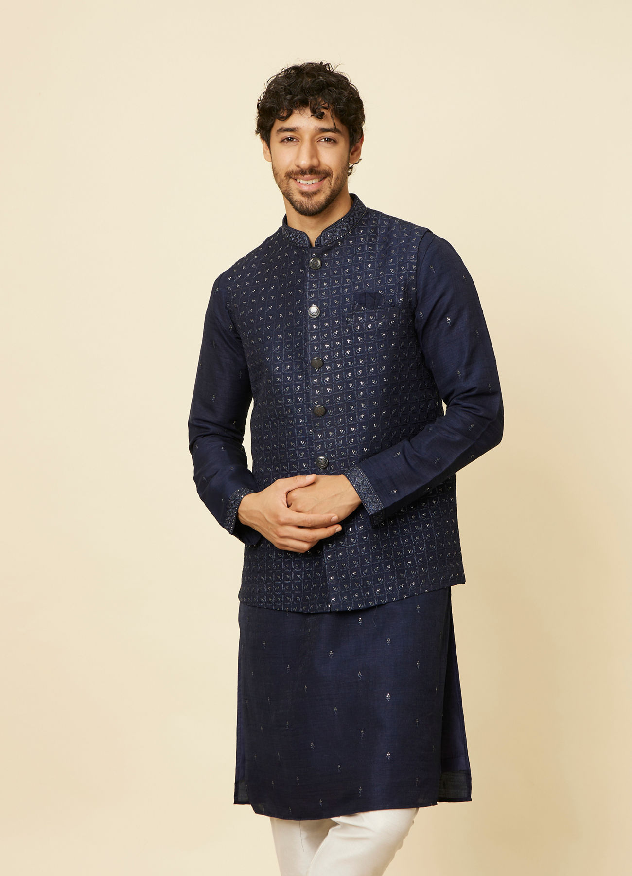 Twamev Men Blue Art Silk Sequin Work Jacket Set