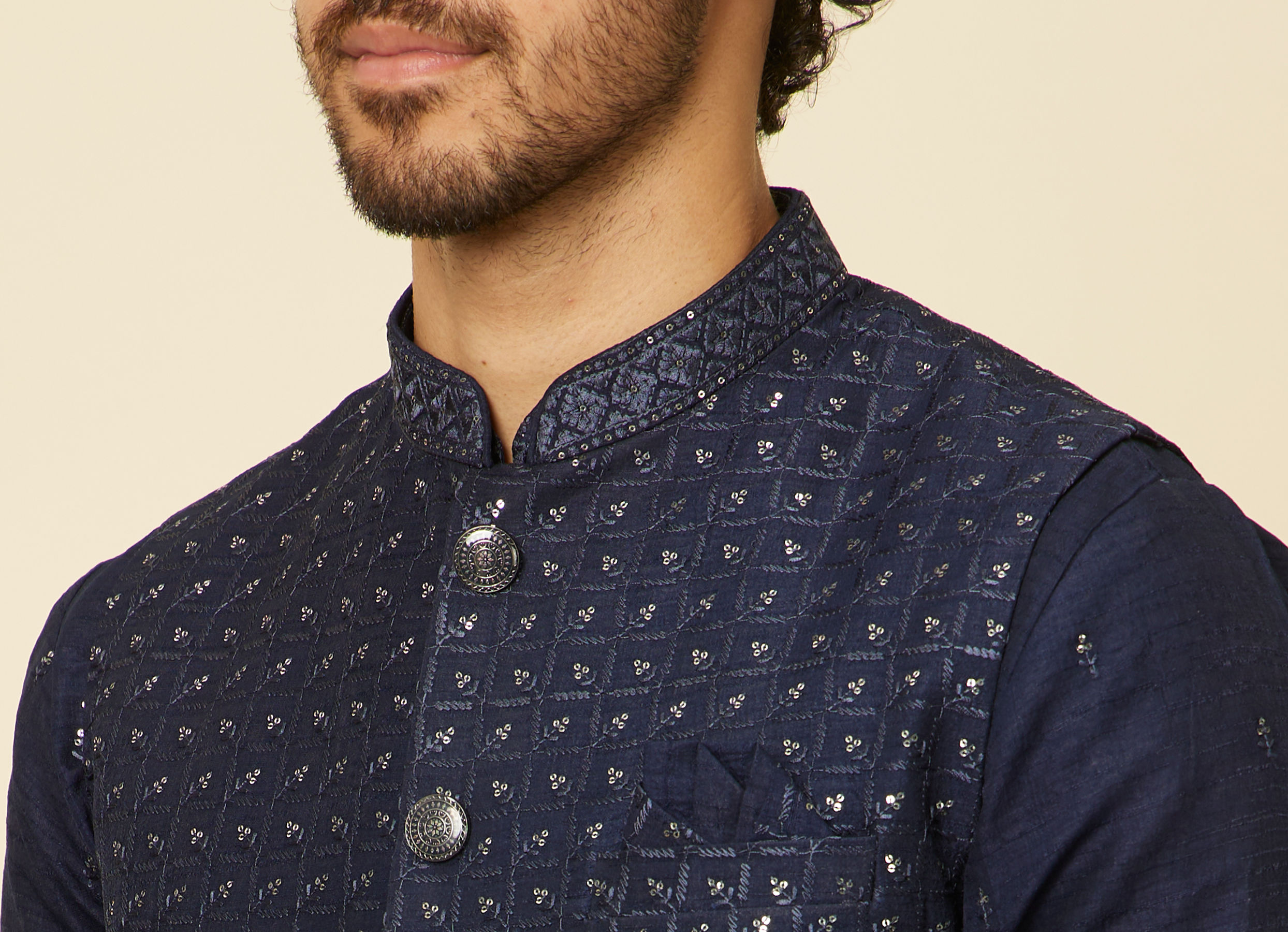 Twamev Men Blue Art Silk Sequin Work Jacket Set