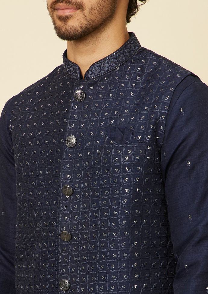 Twamev Men Navy Blue Silk Buta Sequin Embroidered Jacket Set