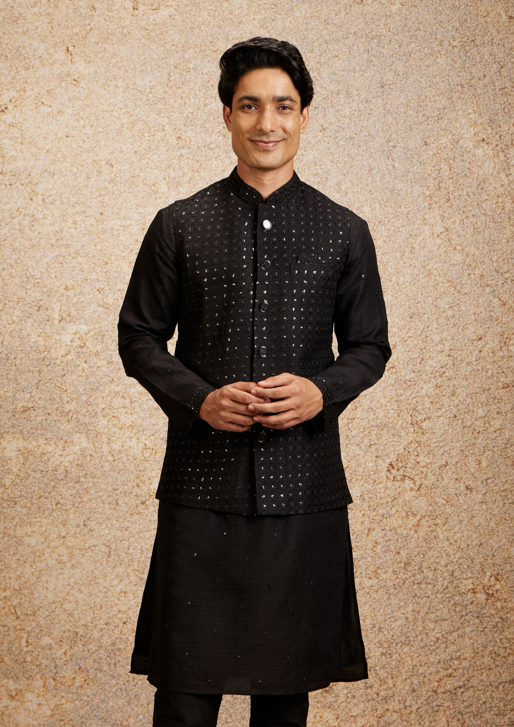 alt message - Twamev Men Black Majesty Kurta Jacket Set image number 0