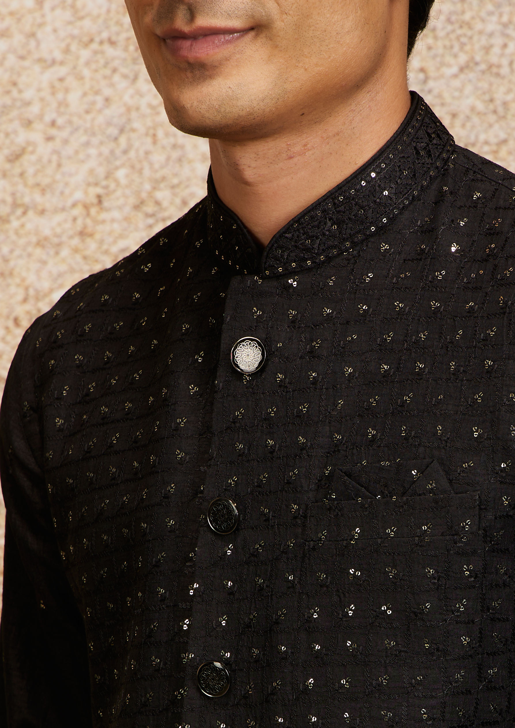 alt message - Twamev Men Black Majesty Kurta Jacket Set image number 1