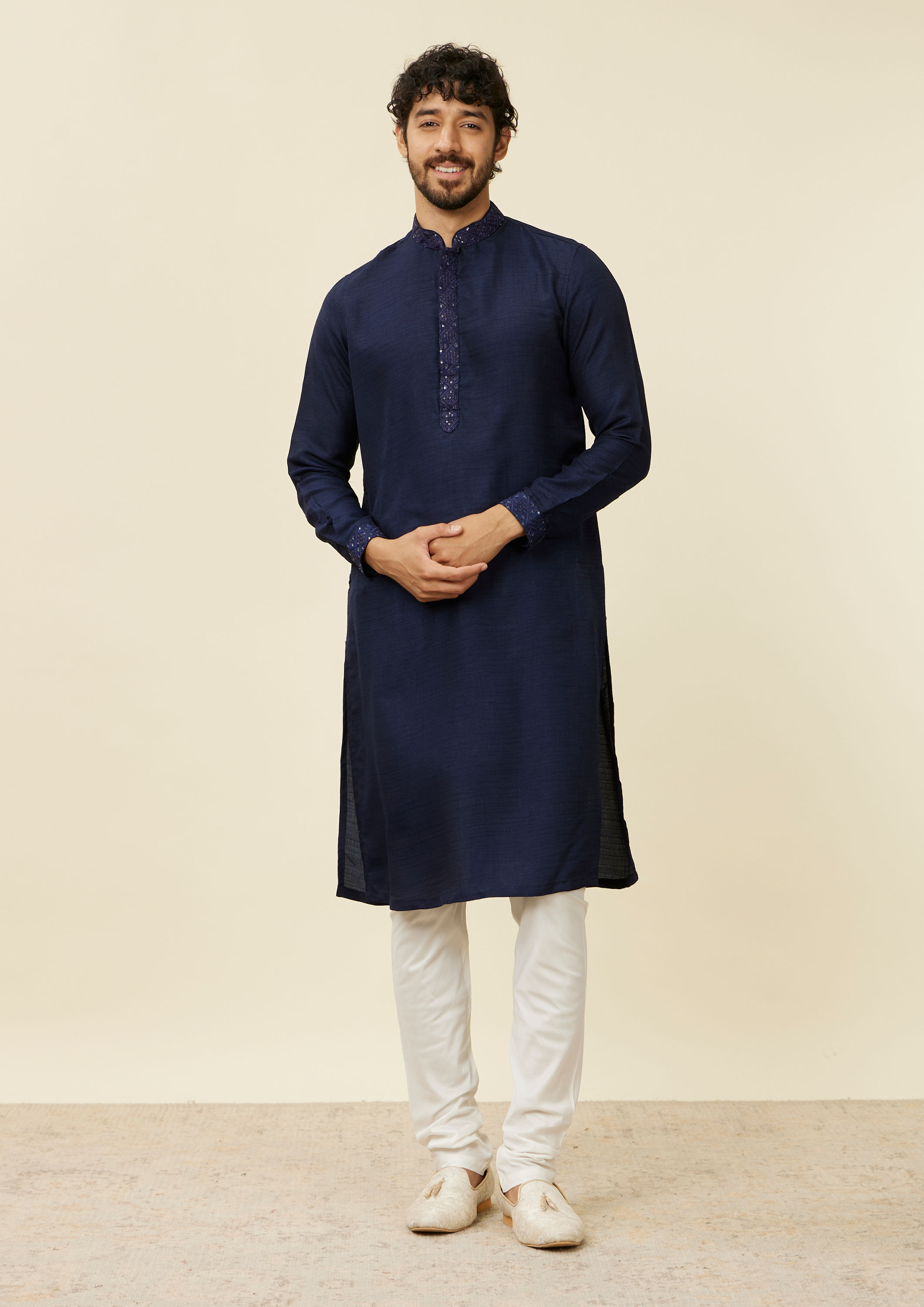 alt message - Twamev Men Dark Blue Mirror work Kurta Jacket Set image number 2