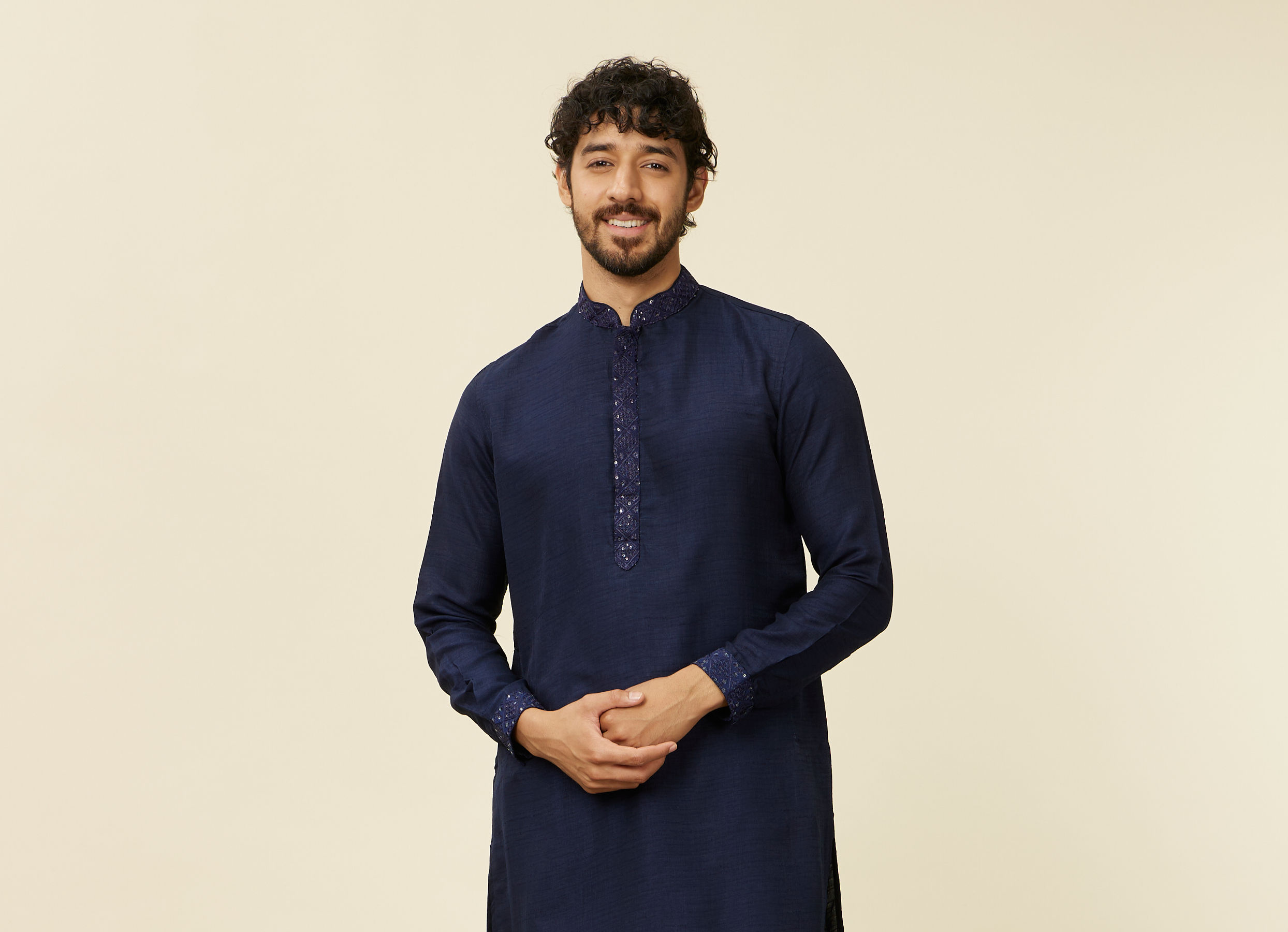 Twamev Men Dark Blue Mirror work Kurta Jacket Set