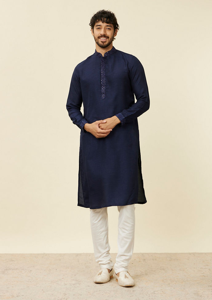 Twamev Men Dark Blue Mirror work Kurta Jacket Set