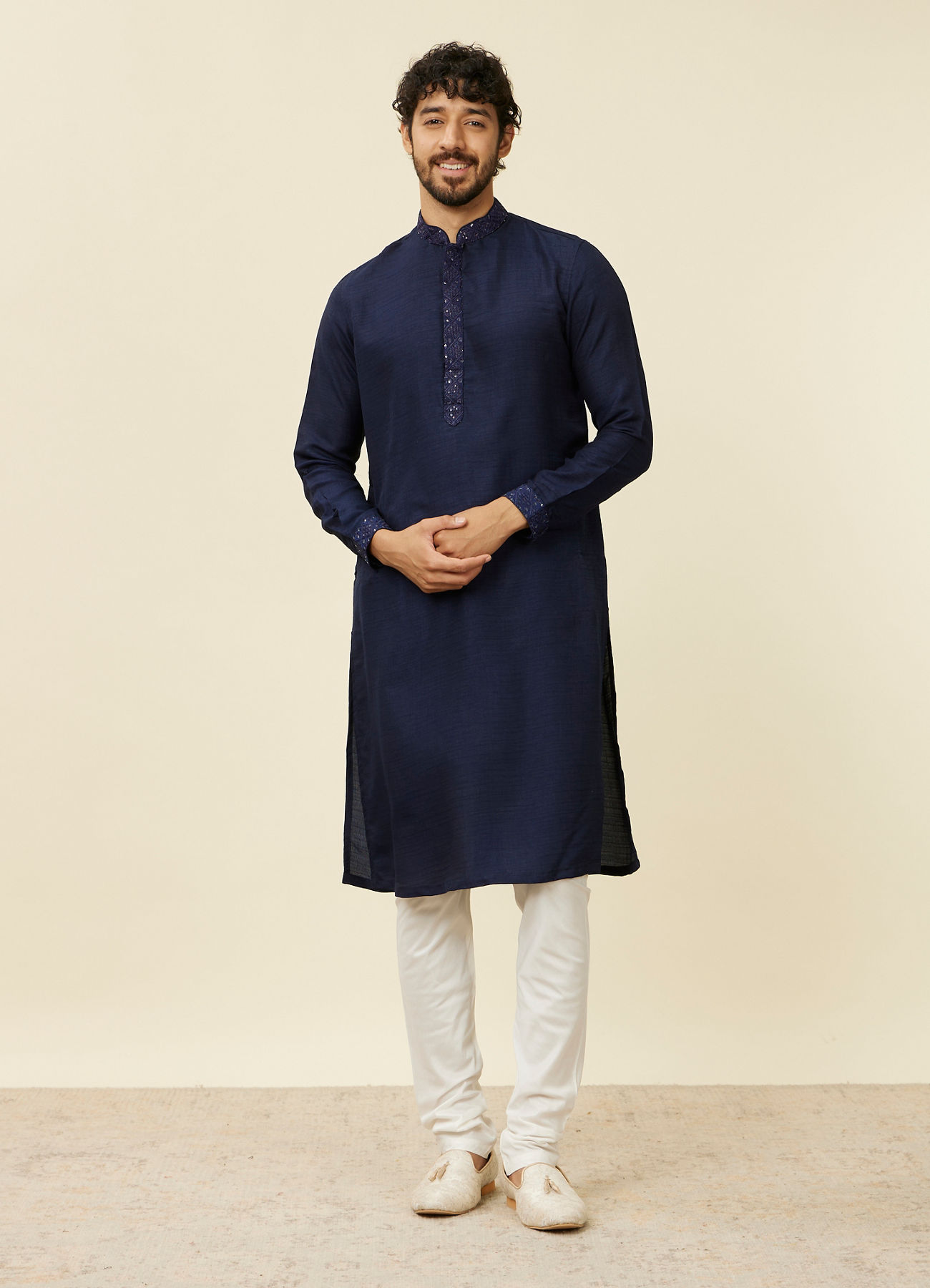 Twamev Men Dark Blue Mirror work Kurta Jacket Set