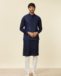 Twamev Men Dark Blue Mirror work Kurta Jacket Set
