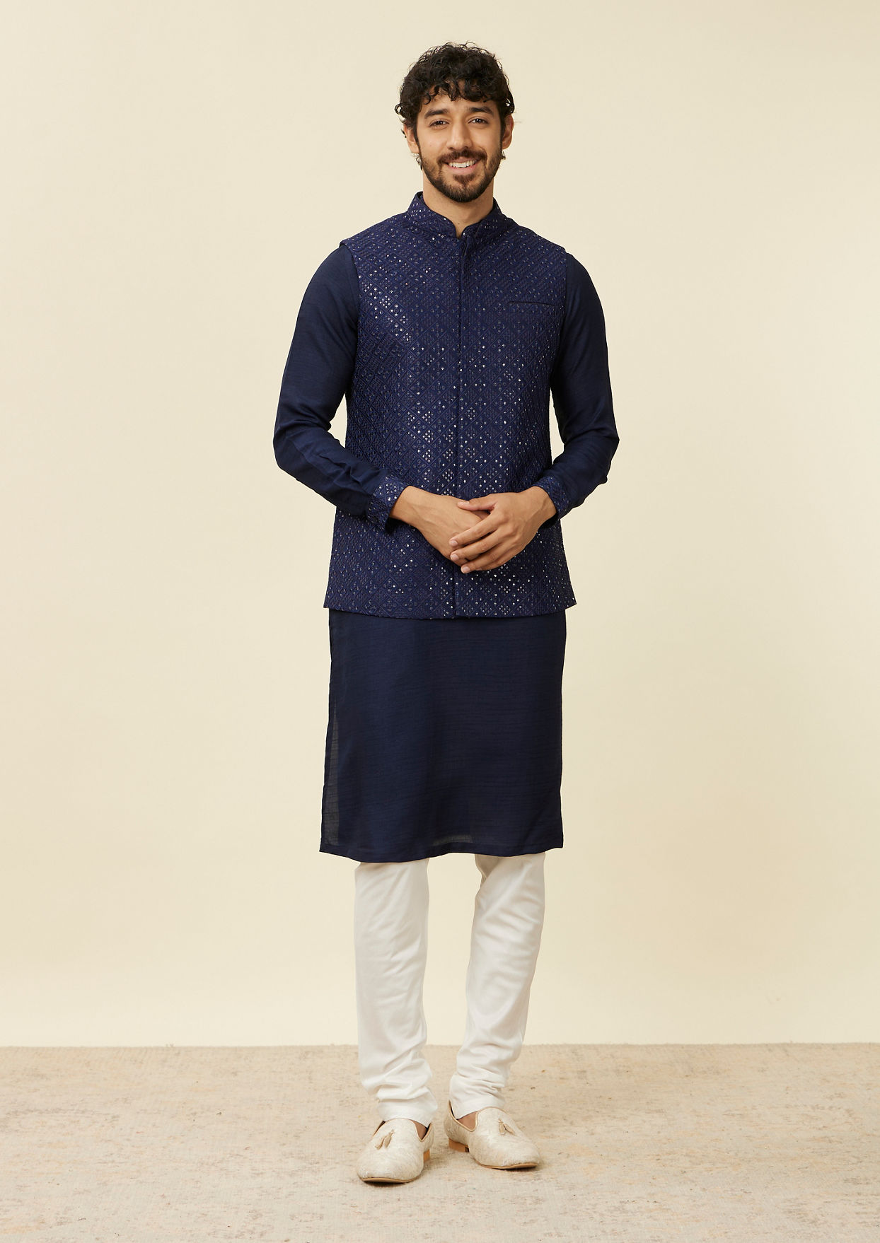 alt message - Twamev Men Dark Blue Mirror work Kurta Jacket Set image number 3