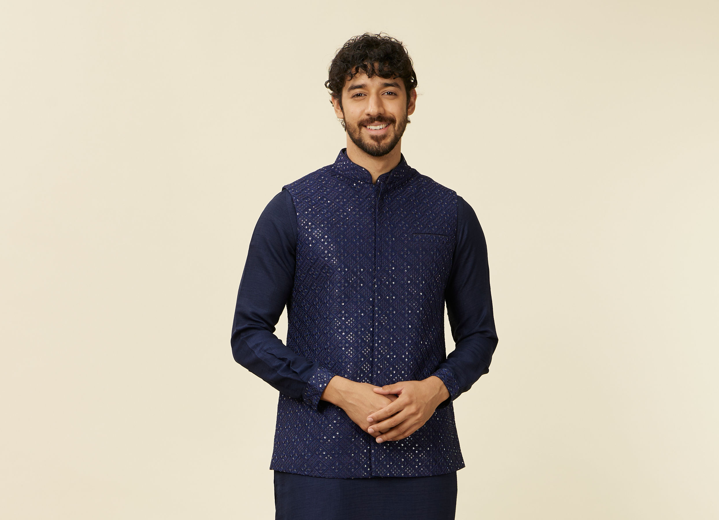 Twamev Men Dark Blue Mirror work Kurta Jacket Set