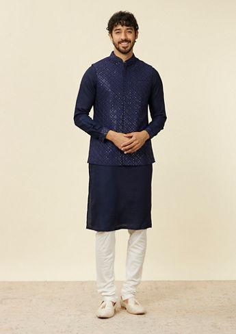 alt message - Twamev Men Dark Blue Mirror work Kurta Jacket Set image number 3