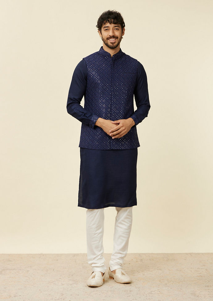 Twamev Men Dark Blue Mirror work Kurta Jacket Set