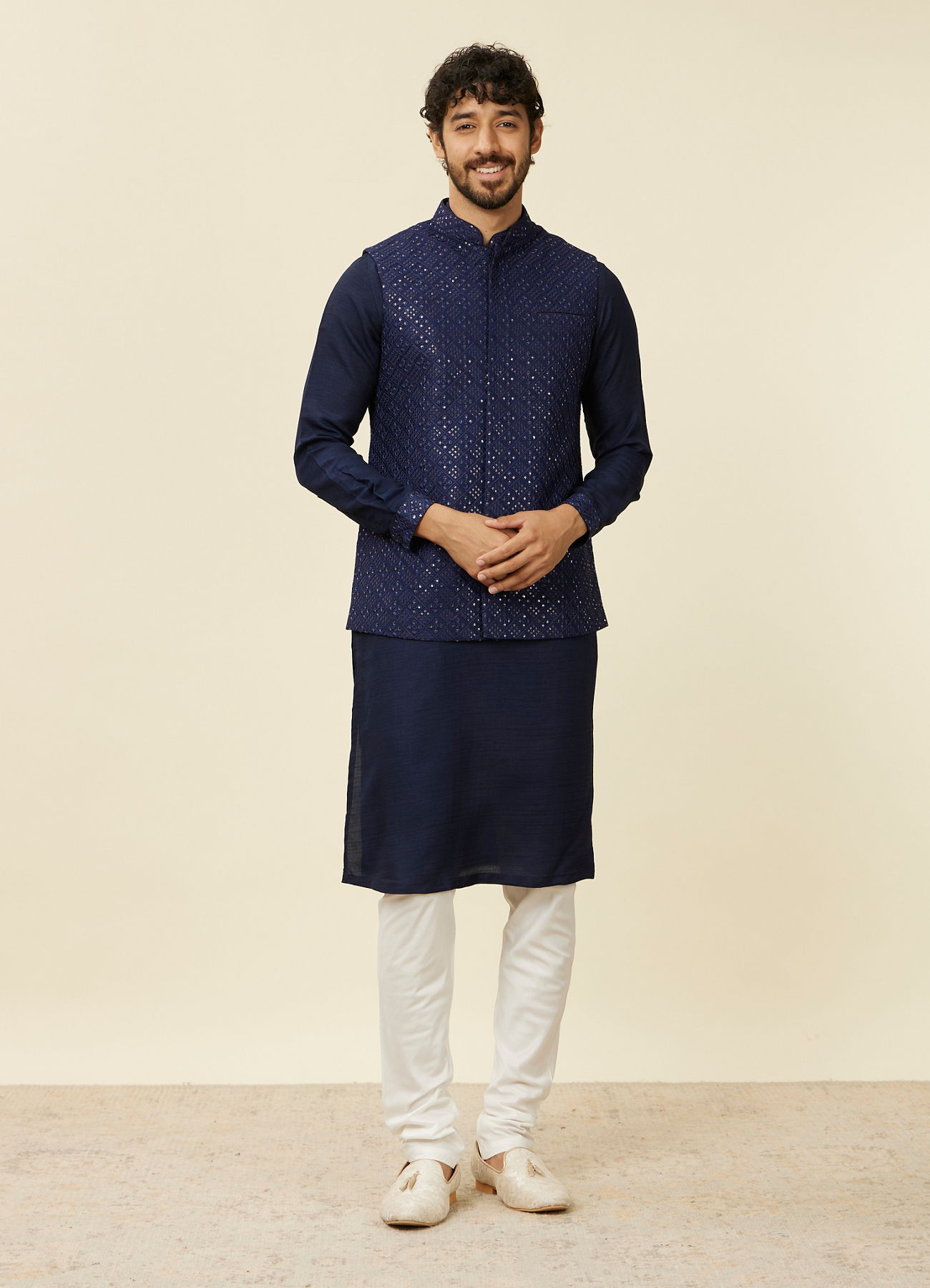 Twamev Men Dark Blue Mirror work Kurta Jacket Set
