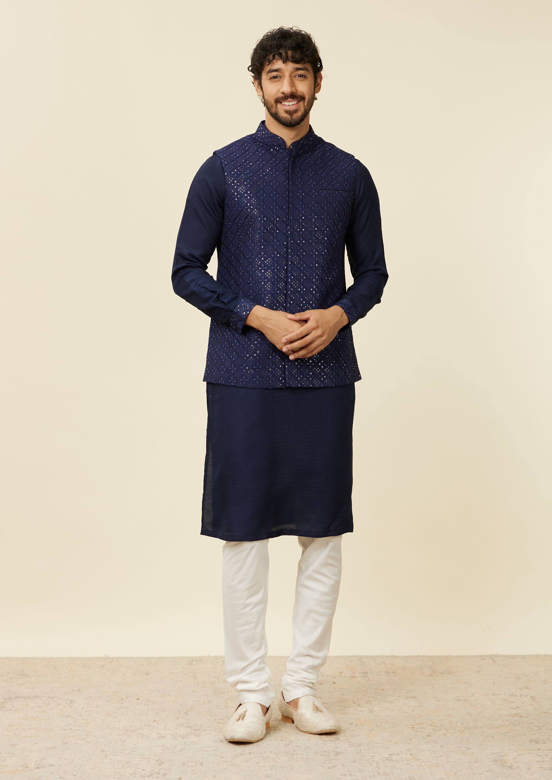 Twamev Men Dark Blue Mirror work Kurta Jacket Set