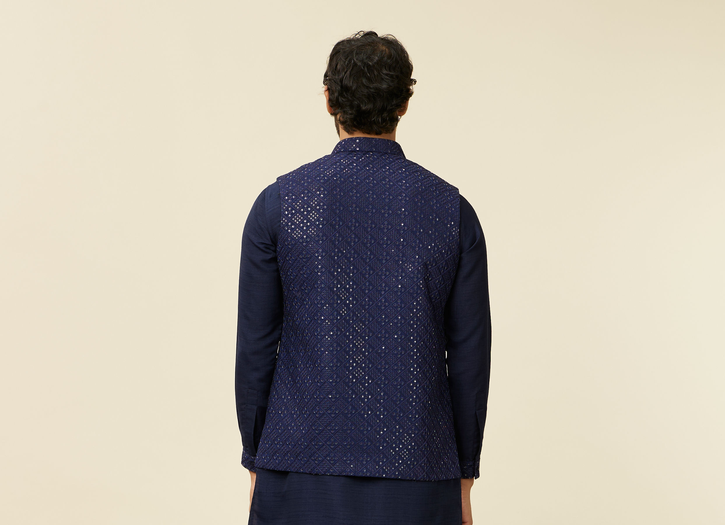 Twamev Men Dark Blue Mirror work Kurta Jacket Set