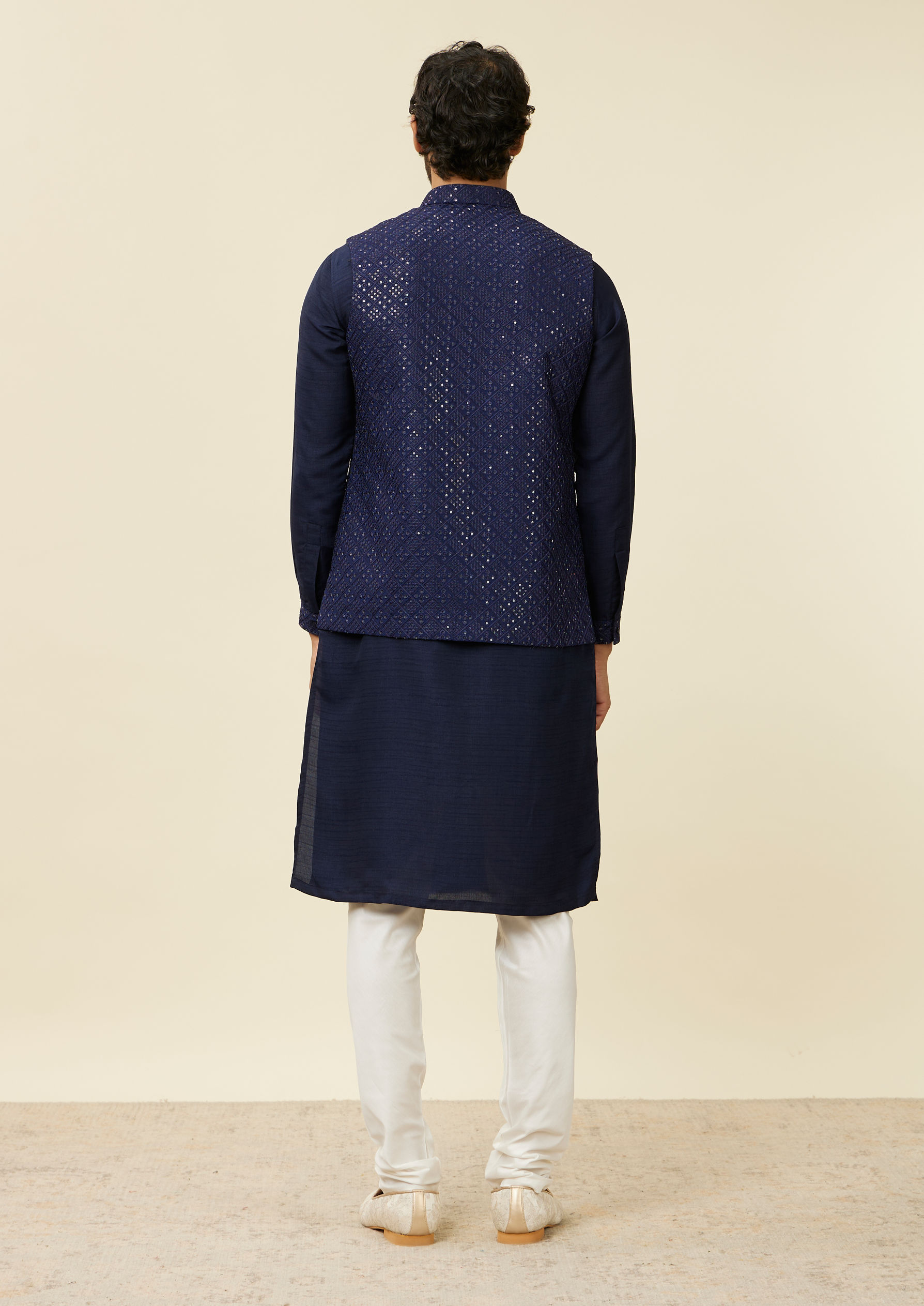 Twamev Men Dark Blue Mirror work Kurta Jacket Set