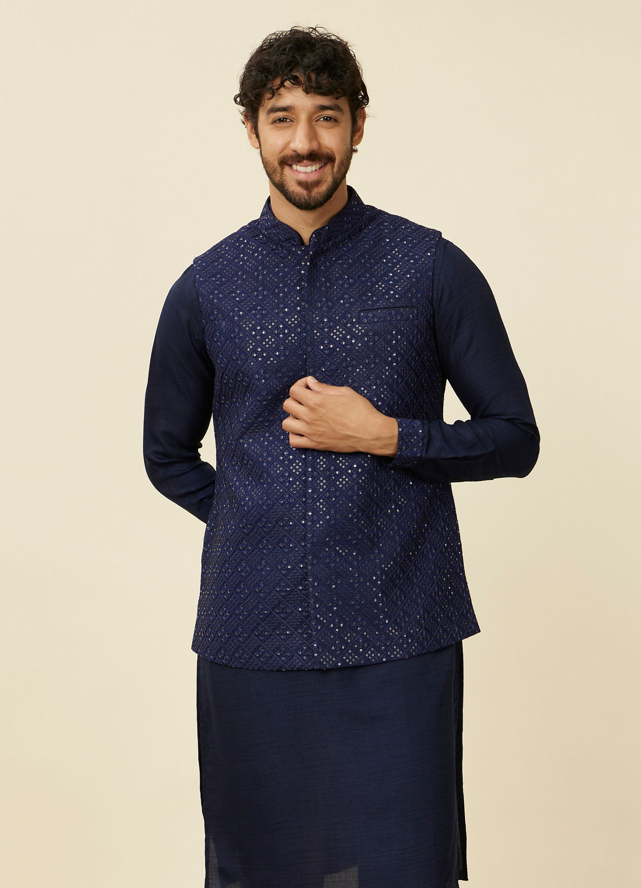 Twamev Men Dark Blue Mirror work Kurta Jacket Set