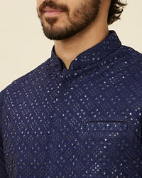 Twamev Men Dark Blue Mirror work Kurta Jacket Set