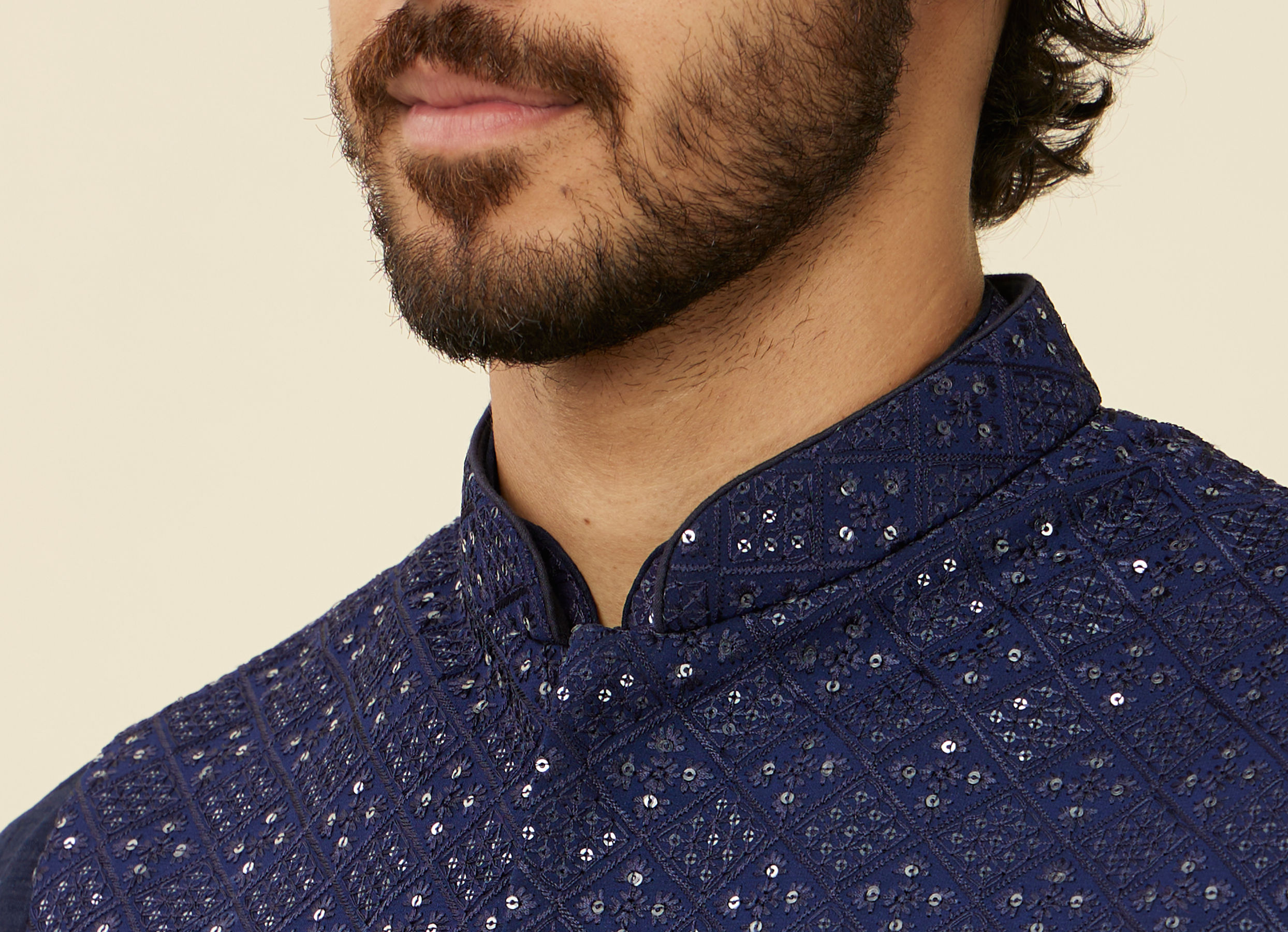 Twamev Men Dark Blue Mirror work Kurta Jacket Set