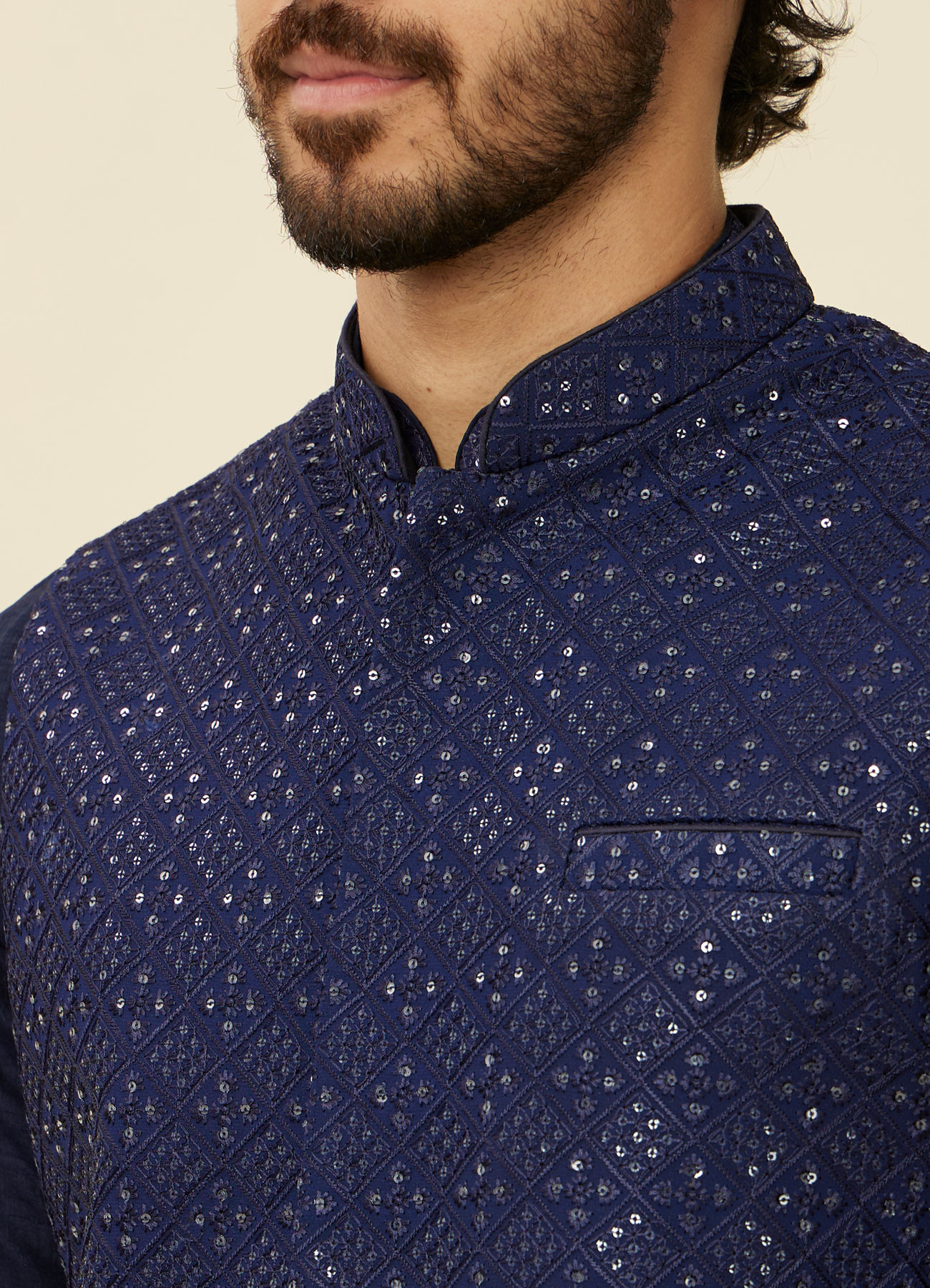 Twamev Men Dark Blue Mirror work Kurta Jacket Set