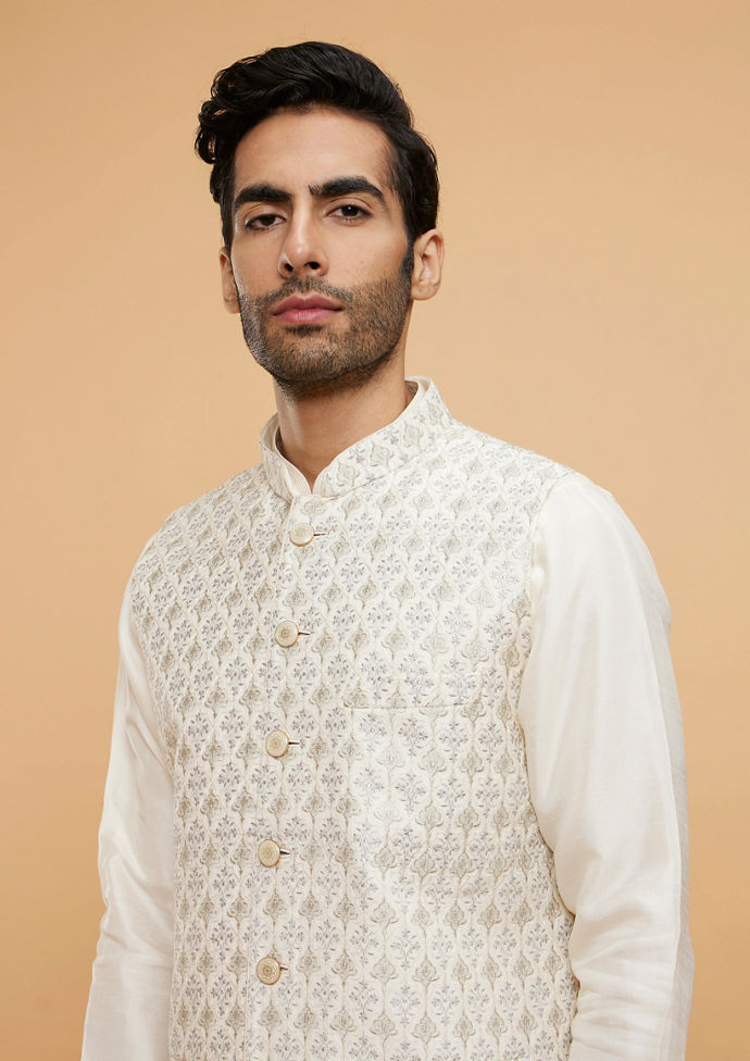 Twamev Men Cream Extravaganza Kurta Jacket Set