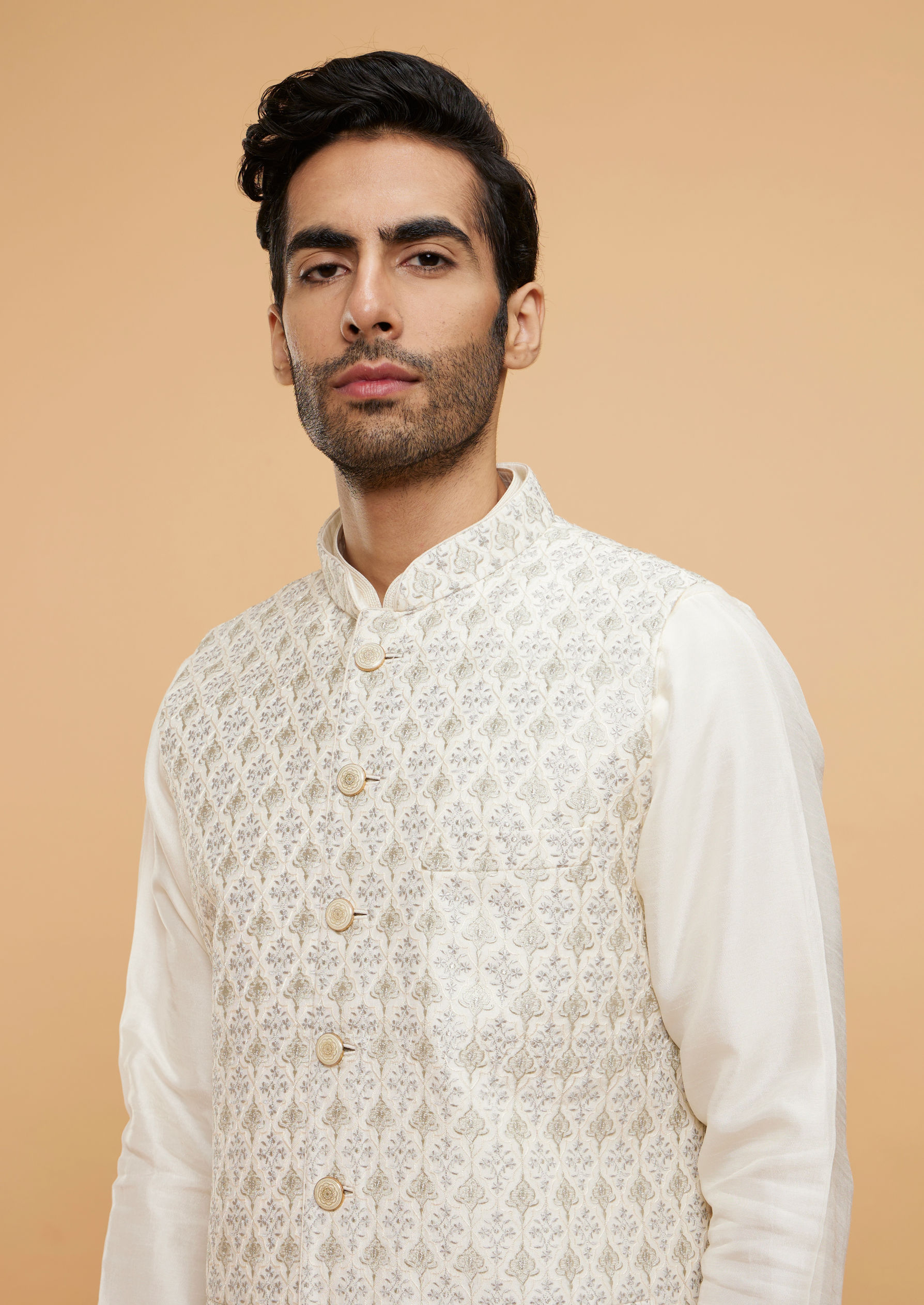 Twamev Men Cream Extravaganza Kurta Jacket Set