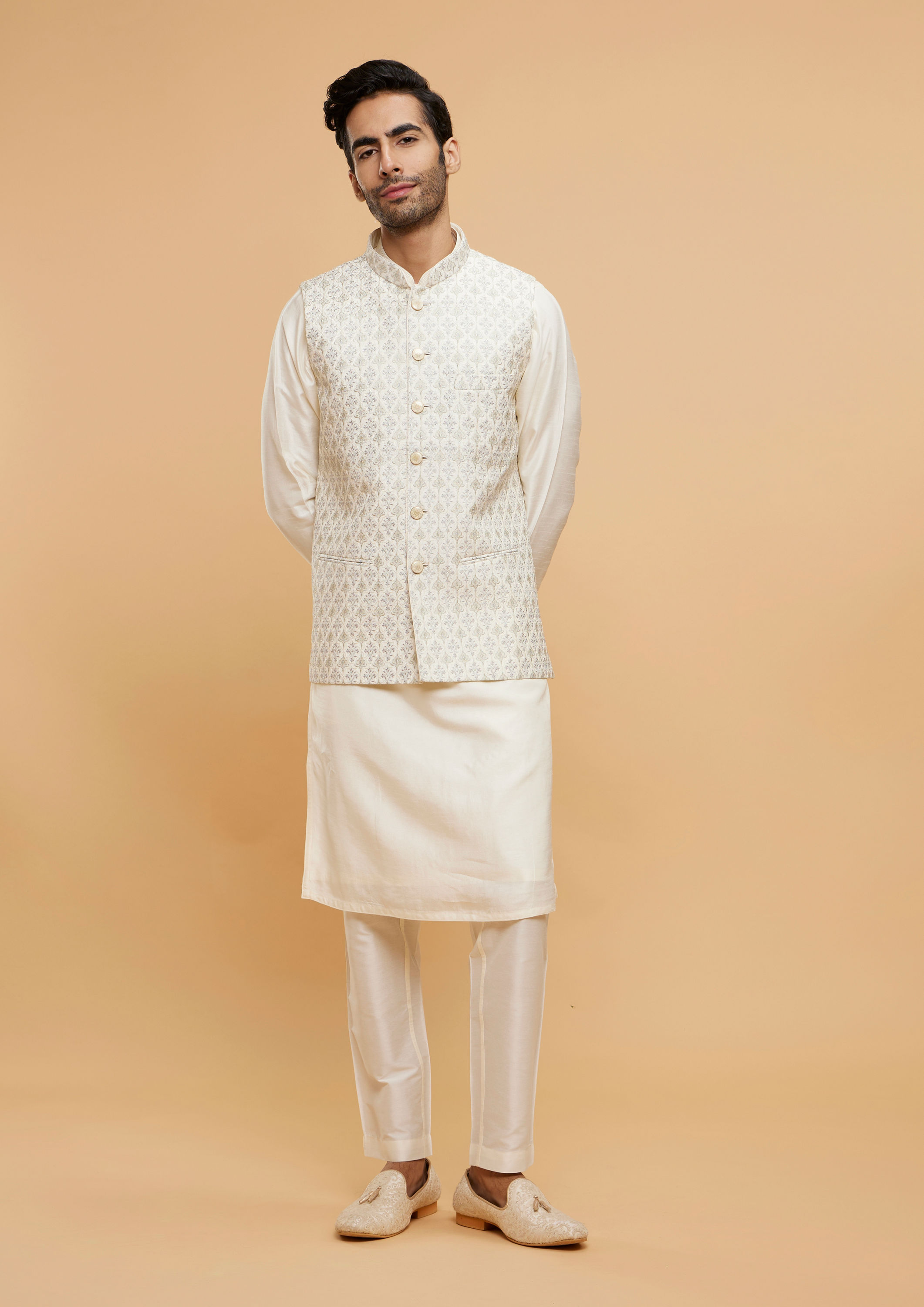 Twamev Men Cream Extravaganza Kurta Jacket Set