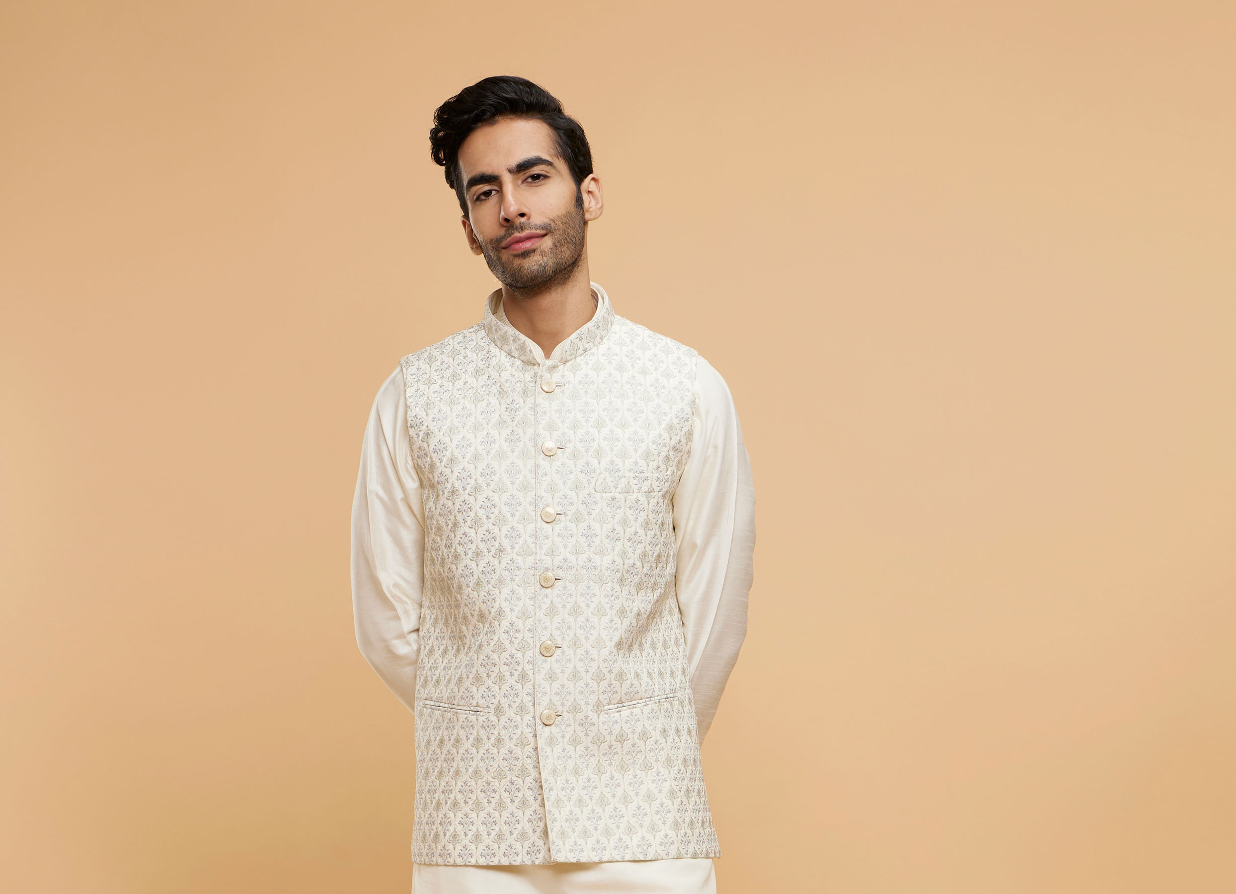 Twamev Men Cream Extravaganza Kurta Jacket Set